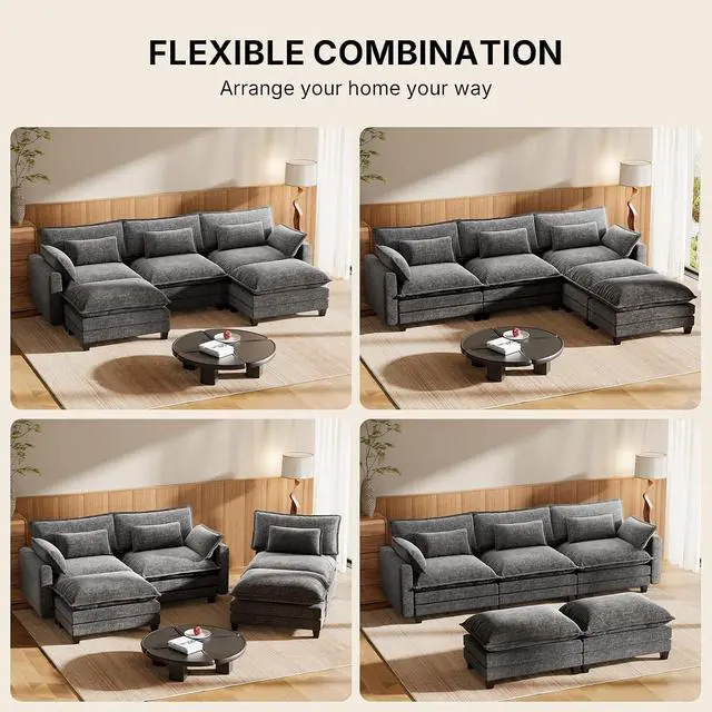Alt view image 6 of 7 - Amada Modular Sectional Sofa, 110.6" U Shaped Cloud Couch with Deep Seats, Chenille 5-Seat Sofa with Movable Ottomans and Throw Pillows for Living Room, Apartment, Light Gray