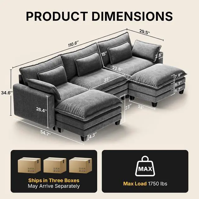 Alt view image 2 of 7 - Amada Modular Sectional Sofa, 110.6" U Shaped Cloud Couch with Deep Seats, Chenille 5-Seat Sofa with Movable Ottomans and Throw Pillows for Living Room, Apartment, Light Gray