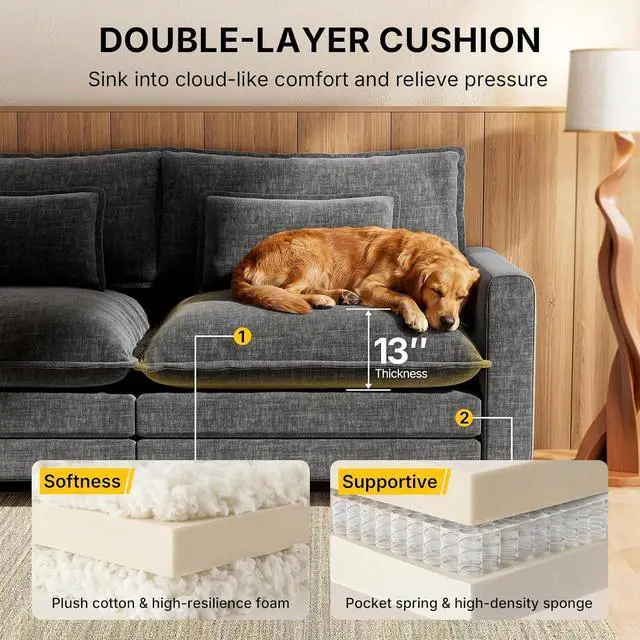 Alt view image 5 of 7 - Amada Modular Sectional Sofa, 110.6" U Shaped Cloud Couch with Deep Seats, Chenille 5-Seat Sofa with Movable Ottomans and Throw Pillows for Living Room, Apartment, Light Gray