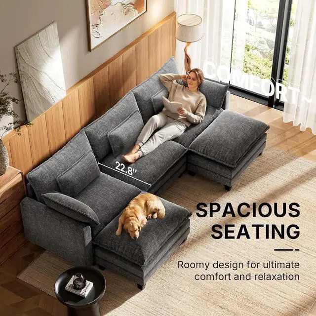 Alt view image 3 of 7 - Amada Modular Sectional Sofa, 110.6" U Shaped Cloud Couch with Deep Seats, Chenille 5-Seat Sofa with Movable Ottomans and Throw Pillows for Living Room, Apartment, Light Gray
