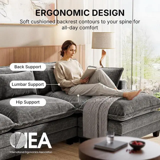 Alt view image 4 of 7 - Amada Modular Sectional Sofa, 110.6" U Shaped Cloud Couch with Deep Seats, Chenille 5-Seat Sofa with Movable Ottomans and Throw Pillows for Living Room, Apartment, Light Gray