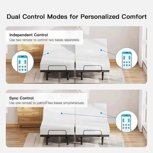 Alt view image 5 of 7 - Pipishell Split King Adjustable Bed Frame with Massage, Electric Bed Base with App-Controlled, Head & Foot Incline, 4 USB Ports, LED Under-Bed Lighting, 4 Leg Height Options