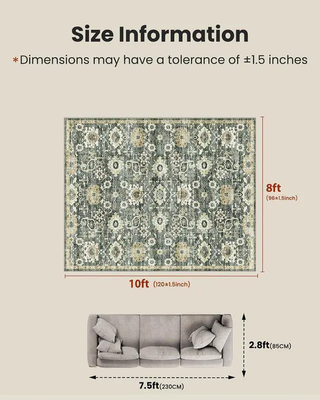 Alt view image 2 of 7 - AMADA HOMEFURNISHING 8x10 Washable Area Rug, Low-Profile Large Area Rug with Non-Slip Backing & Durable Edge Binding, Vintage Large Rugs for Living Room, Bedroom, Dinning Room