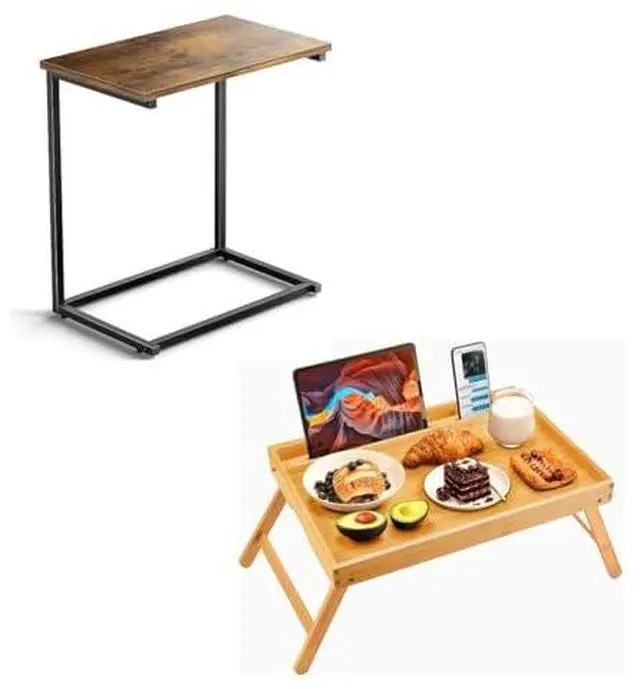 Main image of Pipishell C Shaped End Table 27 inches High, Bamboo Bed Tray Table, Large Breakfast Tray