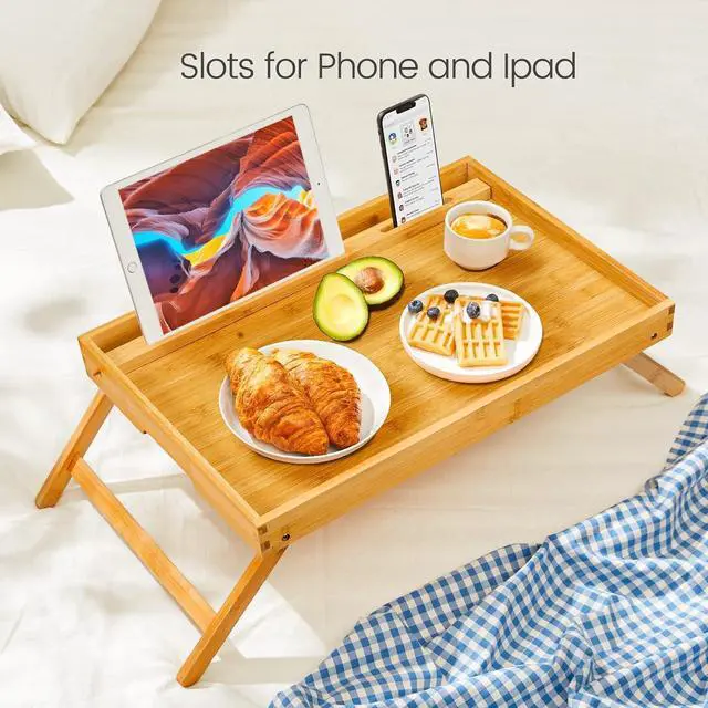 Alt view image 4 of 7 - Pipishell C Shaped End Table 27 inches High, Bamboo Bed Tray Table, Large Breakfast Tray