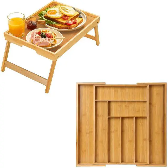 Main image of Pipishell Bamboo Bed Tray Table with Foldable Legs & Bamboo Expandable Silverware Drawer Organizer