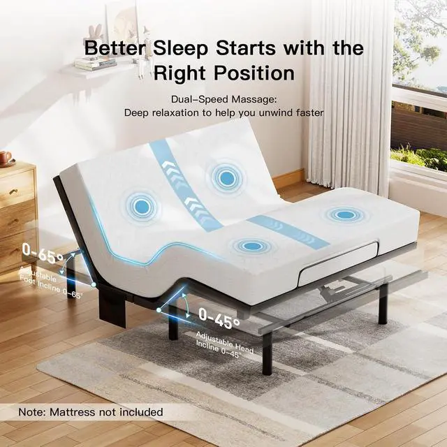 Alt view image 5 of 7 - Pipishell Full Adjustable Bed Frame with Massage, Electric Bed Base with Head & Foot Incline, USB-A & USB-C Ports, LED Under-Bed Lighting, 4 Leg Height Options, and Easy 3-Step Assembly