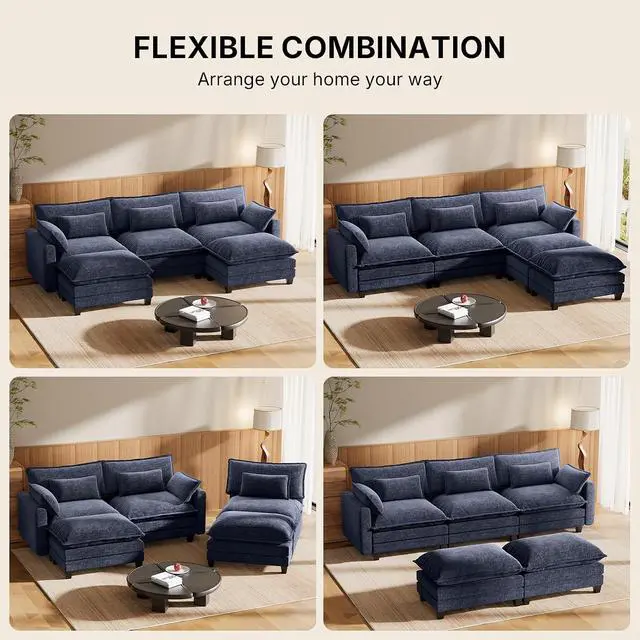 Alt view image 6 of 7 - Amada Modular Sectional Sofa, 110.6" U Shaped Cloud Couch with Deep Seats, Chenille 5-Seat Sofa with Movable Ottomans and Throw Pillows for Living Room, Apartment, Navy Blue