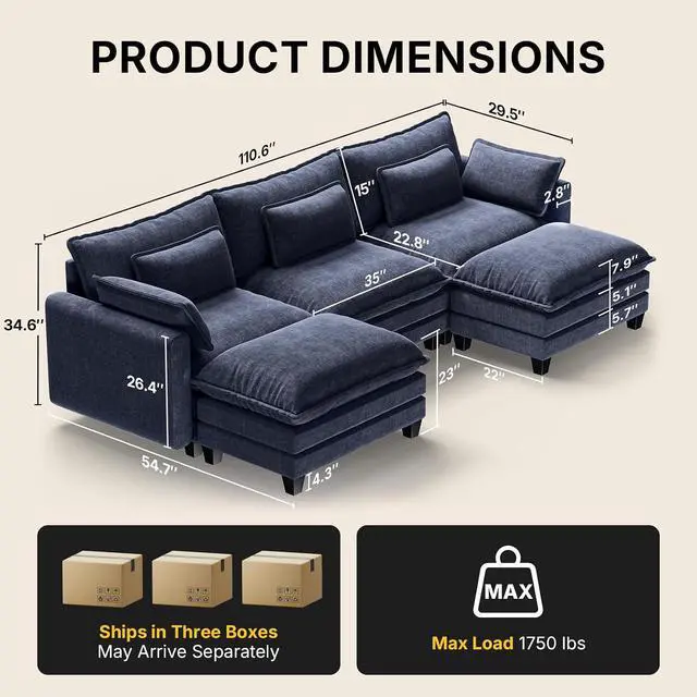 Alt view image 2 of 7 - Amada Modular Sectional Sofa, 110.6" U Shaped Cloud Couch with Deep Seats, Chenille 5-Seat Sofa with Movable Ottomans and Throw Pillows for Living Room, Apartment, Navy Blue