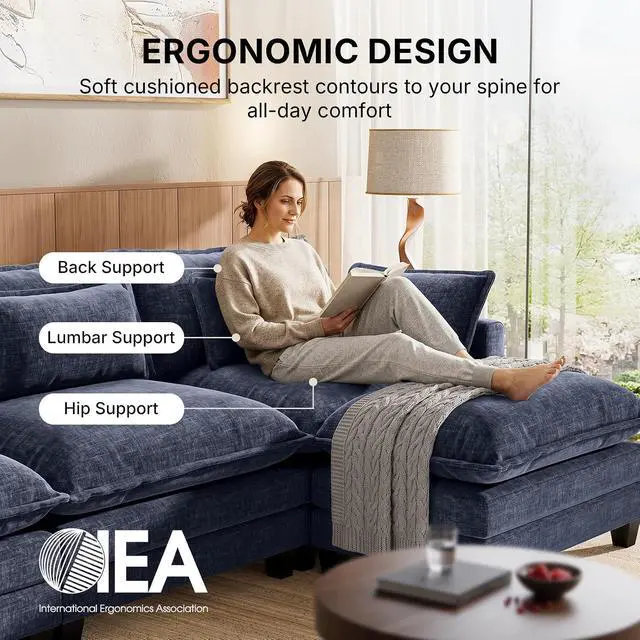 Alt view image 3 of 7 - Amada Modular Sectional Sofa, 110.6" U Shaped Cloud Couch with Deep Seats, Chenille 5-Seat Sofa with Movable Ottomans and Throw Pillows for Living Room, Apartment, Navy Blue