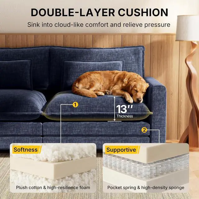 Alt view image 5 of 7 - Amada Modular Sectional Sofa, 110.6" U Shaped Cloud Couch with Deep Seats, Chenille 5-Seat Sofa with Movable Ottomans and Throw Pillows for Living Room, Apartment, Navy Blue