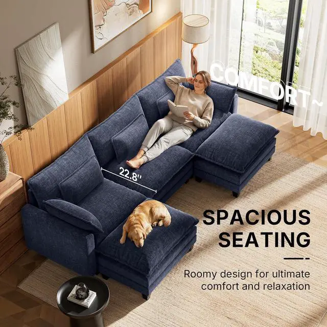 Alt view image 4 of 7 - Amada Modular Sectional Sofa, 110.6" U Shaped Cloud Couch with Deep Seats, Chenille 5-Seat Sofa with Movable Ottomans and Throw Pillows for Living Room, Apartment, Navy Blue