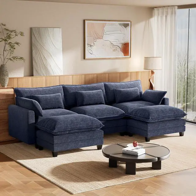 Main image of Amada Modular Sectional Sofa, 110.6" U Shaped Cloud Couch with Deep Seats, Chenille 5-Seat Sofa with Movable Ottomans and Throw Pillows for Living Room, Apartment, Navy Blue