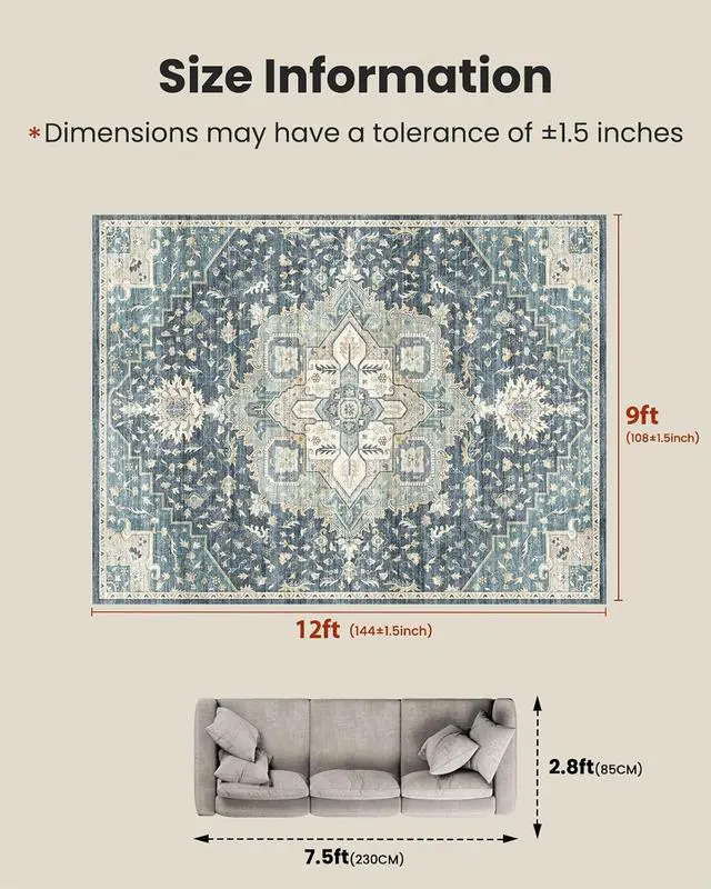 Alt view image 2 of 7 - AMADA HOMEFURNISHING 9x12 Washable Area Rug, Low-Profile Large Area Rug with Non-Slip Backing & Durable Edge Binding, Vintage Large Rugs for Living Room, Bedroom & Dining Room