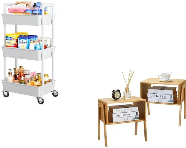 Main image of Pipishell 3-Tier Rolling Storage Cart + Bamboo Nightstand Set of 2 Bundle, Utility Organizer Cart with Wheels & Stackable Bedside Tables for Home, Kitchen, Bathroom & Bedroom