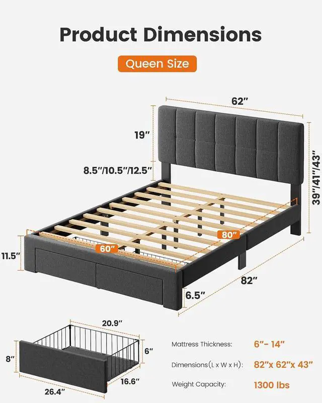 Alt view image 6 of 7 - Pipishell Queen Bed Frame with 2 Storage Drawers, 12 Sturdy Legs, Solid Wooden Bed Base with Upholstered Headboard for 6 to 12 Mattresses, 1300 lbs High Weight Capacity, Easy Assembly, Dark Gray
