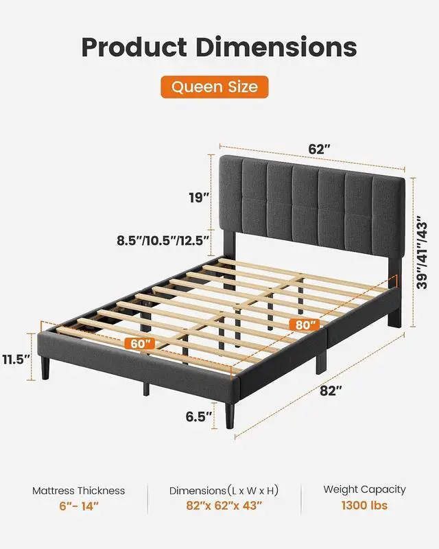 Alt view image 2 of 7 - Pipishell Queen Size Upholstered Platform Bed Frame with 3-Height Adjustable Headboard, Fully Upholstered Mattress Foundation, Strong Weight Capacity, Wooden Slats Support, No Box Spring Needed, Grey