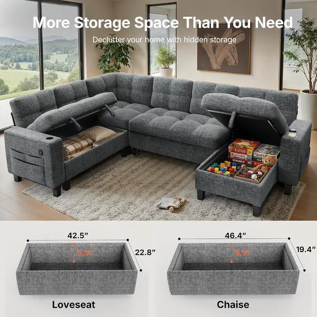 Alt view image 3 of 7 - AMADA HOMEFURNISHING 110 Modular Sectional Sleeper Sofa with Pull Out Couch, U Shaped 7 Seat Sectional Sofa with Storage, USB Ports & Cup Holders, Chenille Cloud Couches for Living Room, Light Gray