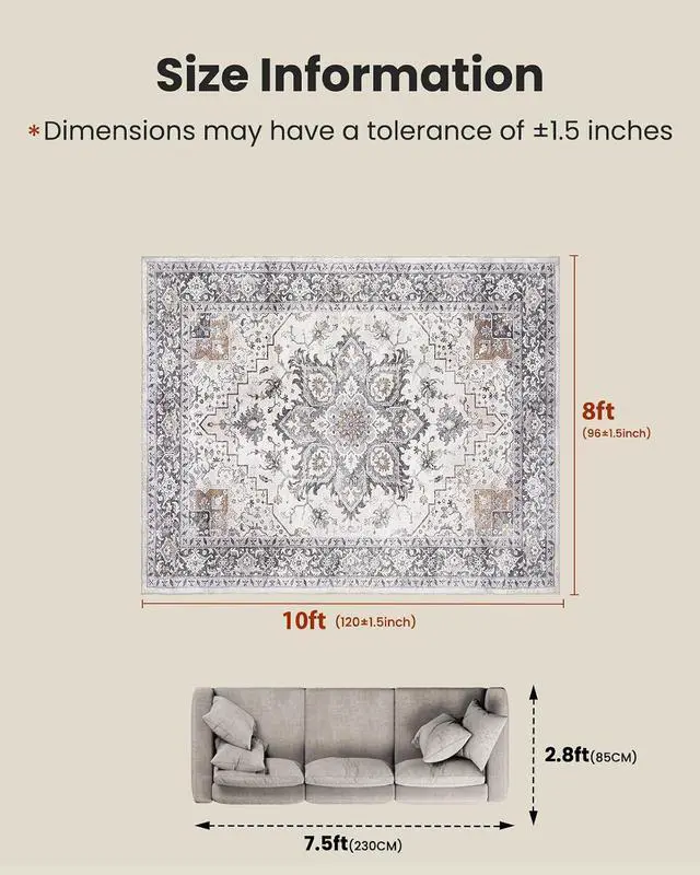 Alt view image 2 of 7 - AMADA HOMEFURNISHING 8x10 Area Rugs, Low-Profile Large Washable Area Rug with Non-Slip Backing & Durable Edge Binding, Vintage Rugs for Living Room, Bedroom, Dinning Room