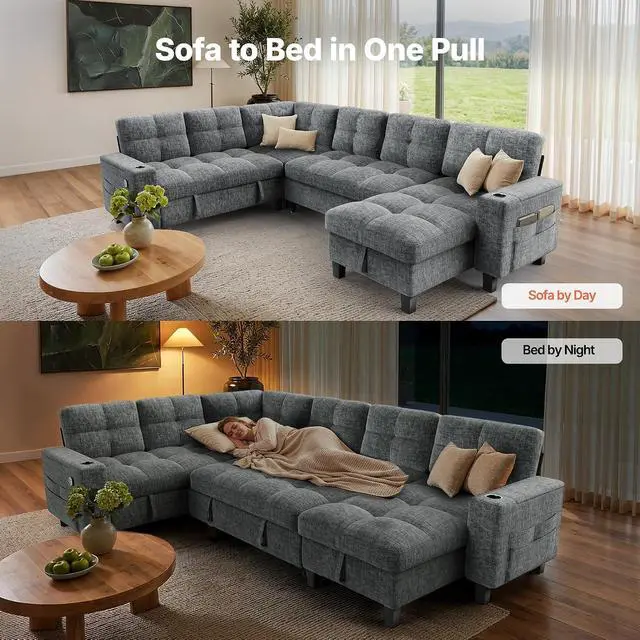Alt view image 5 of 7 - AMADA HOMEFURNISHING 110 Modular Sectional Sleeper Sofa with Pull Out Couch, U Shaped 7 Seat Sectional Sofa with Storage, USB Ports & Cup Holders, Chenille Cloud Couches for Living Room, Light Gray