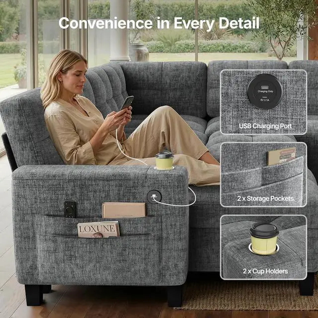 Alt view image 4 of 7 - AMADA HOMEFURNISHING 110 Modular Sectional Sleeper Sofa with Pull Out Couch, U Shaped 7 Seat Sectional Sofa with Storage, USB Ports & Cup Holders, Chenille Cloud Couches for Living Room, Light Gray