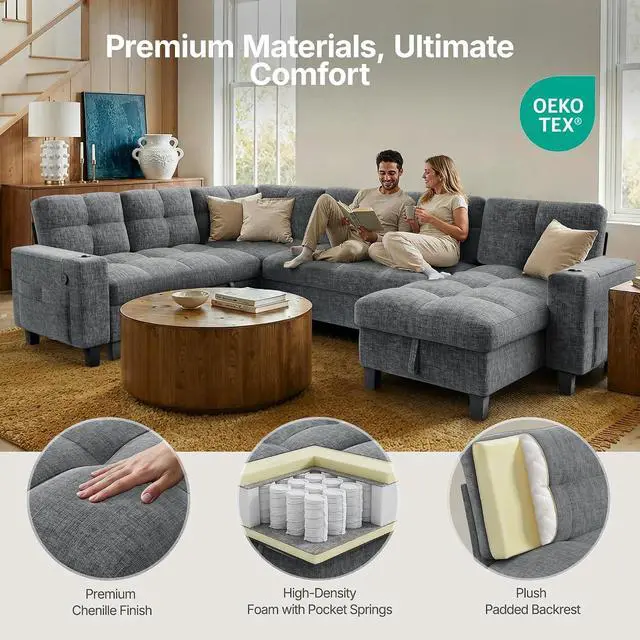 Alt view image 6 of 7 - AMADA HOMEFURNISHING 110 Modular Sectional Sleeper Sofa with Pull Out Couch, U Shaped 7 Seat Sectional Sofa with Storage, USB Ports & Cup Holders, Chenille Cloud Couches for Living Room, Light Gray