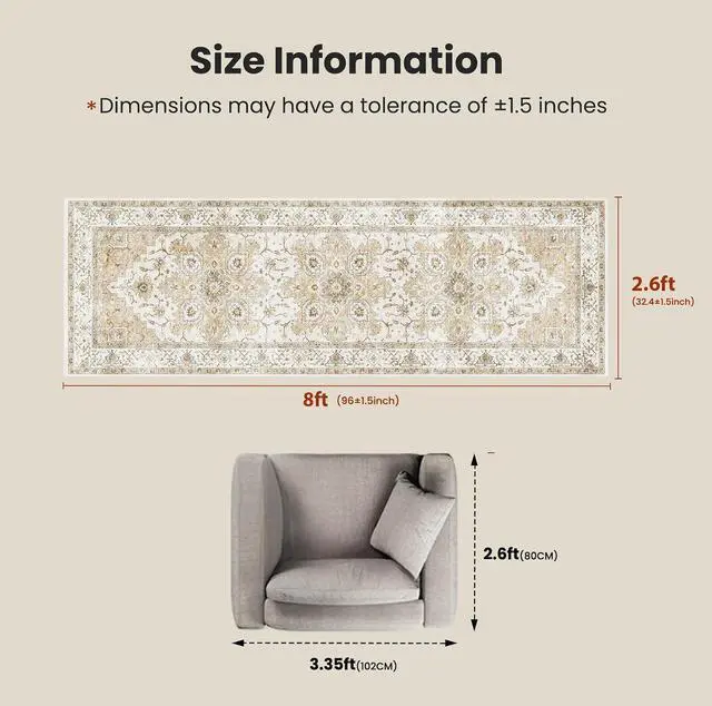 Alt view image 2 of 7 - AMADA HOMEFURNISHING 2'6"x8' Washable Area Rug, Low-Profile Entryway Rug with Non-Slip Backing & Durable Edge Binding, Vintage Rug Pattern, Small Rugs for Entryway, Kitchen & Living Room