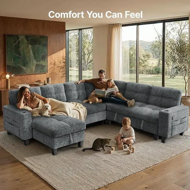 Alt view image 7 of 7 - AMADA HOMEFURNISHING 110 Modular Sectional Sleeper Sofa with Pull Out Couch, U Shaped 7 Seat Sectional Sofa with Storage, USB Ports & Cup Holders, Chenille Cloud Couches for Living Room, Light Gray