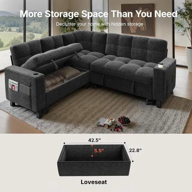 Alt view image 3 of 7 - AMADA HOMEFURNISHING 85 Modular Sectional Sleeper Sofa with Pull Out Couch, U Shaped 5 Seat Sectional Sofa with Storage, USB Ports & Cup Holders, Chenille Cloud Couches for Living Room, Dark Grey