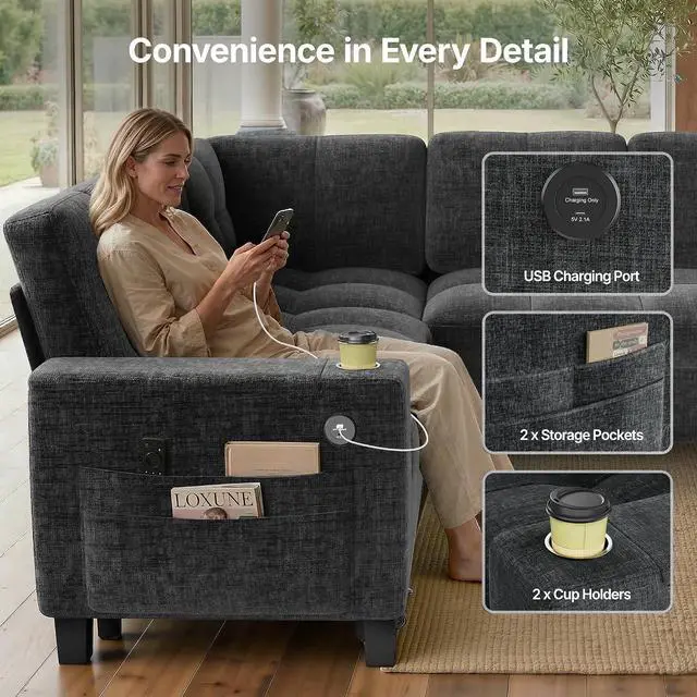 Alt view image 4 of 7 - AMADA HOMEFURNISHING 85 Modular Sectional Sleeper Sofa with Pull Out Couch, U Shaped 5 Seat Sectional Sofa with Storage, USB Ports & Cup Holders, Chenille Cloud Couches for Living Room, Dark Grey