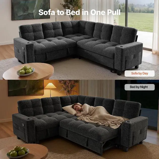 Alt view image 5 of 7 - AMADA HOMEFURNISHING 85 Modular Sectional Sleeper Sofa with Pull Out Couch, U Shaped 5 Seat Sectional Sofa with Storage, USB Ports & Cup Holders, Chenille Cloud Couches for Living Room, Dark Grey