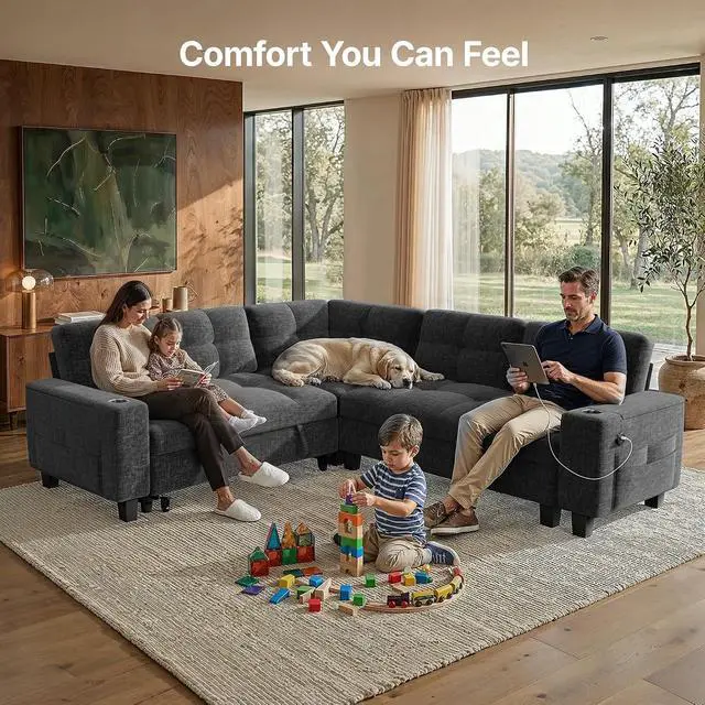 Alt view image 7 of 7 - AMADA HOMEFURNISHING 85 Modular Sectional Sleeper Sofa with Pull Out Couch, U Shaped 5 Seat Sectional Sofa with Storage, USB Ports & Cup Holders, Chenille Cloud Couches for Living Room, Dark Grey
