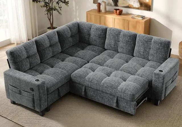 Main image of AMADA HOMEFURNISHING 85 Modular Sectional Sleeper Sofa with Pull Out Couch, U Shaped 5 Seat Sectional Sofa with Storage, USB Ports & Cup Holders, Chenille Cloud Couches for Living Room, Light Gray