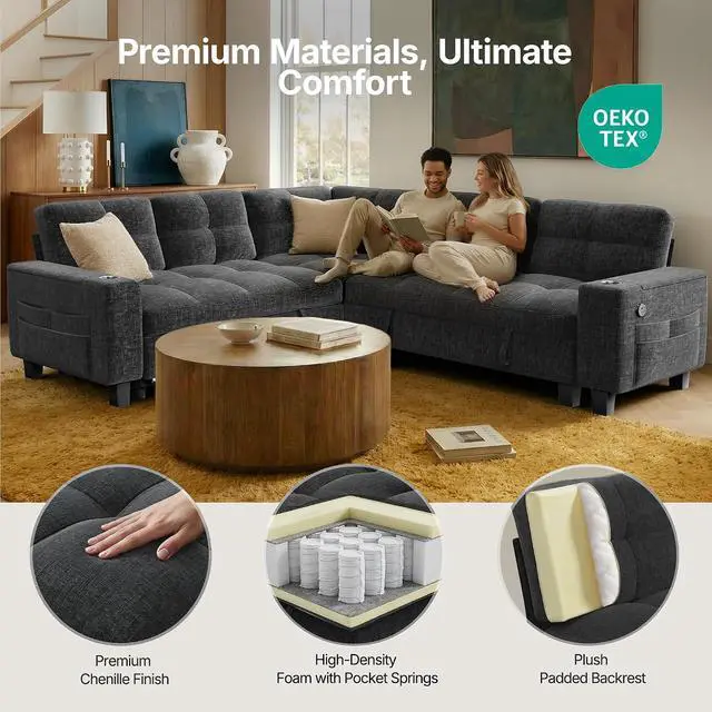 Alt view image 6 of 7 - AMADA HOMEFURNISHING 85 Modular Sectional Sleeper Sofa with Pull Out Couch, U Shaped 5 Seat Sectional Sofa with Storage, USB Ports & Cup Holders, Chenille Cloud Couches for Living Room, Dark Grey