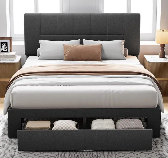 Main image of Pipishell Queen Bed Frame with 2 Storage Drawers, 12 Sturdy Legs, Solid Wooden Bed Base with Upholstered Headboard for 6 to 12 Mattresses, 1300 lbs High Weight Capacity, Easy Assembly, Dark Gray