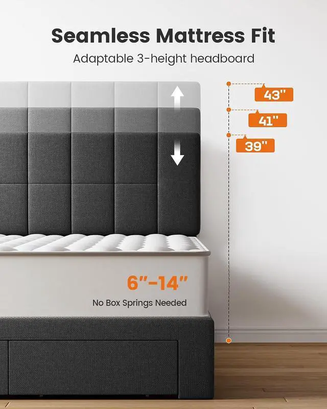 Alt view image 7 of 7 - Pipishell Upholstered Full Bed Frame with 2 Storage Drawers - Adjustable Headboard Solid Wood Platform Bed, 12 Support Legs, 1300 lbs Weight Capacity, Fits 614 Mattresses, Easy Assembly, Grey