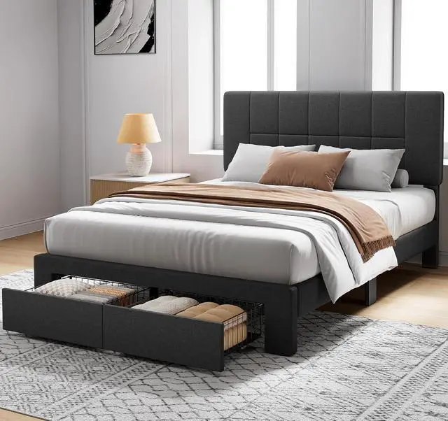 Alt view image 3 of 7 - Pipishell Queen Bed Frame with 2 Storage Drawers, 12 Sturdy Legs, Solid Wooden Bed Base with Upholstered Headboard for 6 to 12 Mattresses, 1300 lbs High Weight Capacity, Easy Assembly, Dark Gray