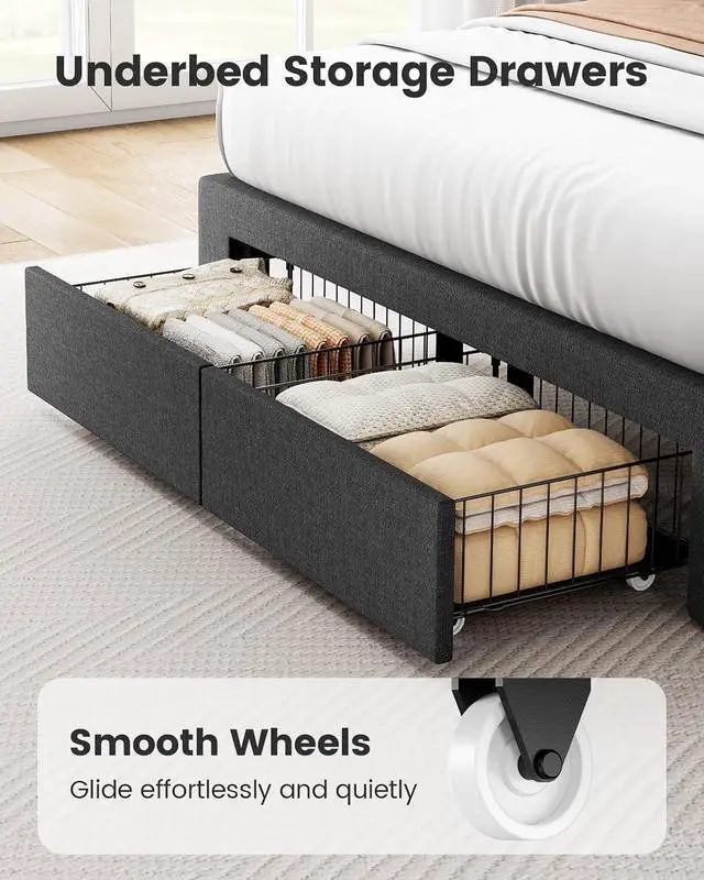 Alt view image 4 of 7 - Pipishell Queen Bed Frame with 2 Storage Drawers, 12 Sturdy Legs, Solid Wooden Bed Base with Upholstered Headboard for 6 to 12 Mattresses, 1300 lbs High Weight Capacity, Easy Assembly, Dark Gray