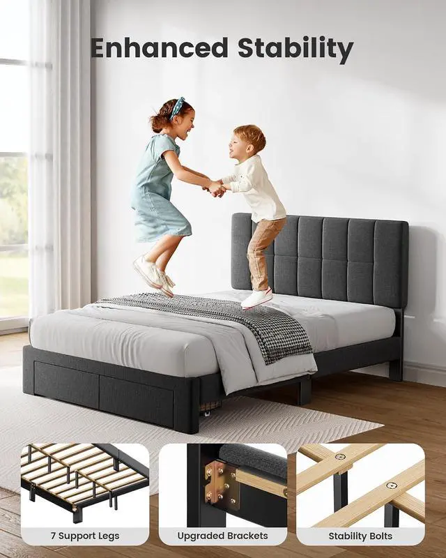 Alt view image 5 of 7 - Pipishell Upholstered Full Bed Frame with 2 Storage Drawers - Adjustable Headboard Solid Wood Platform Bed, 12 Support Legs, 1300 lbs Weight Capacity, Fits 614 Mattresses, Easy Assembly, Grey