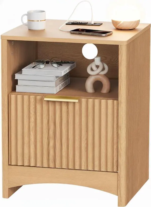 Main image of Pipishell Nightstand with Charging Station, Fluted Bedside Table with Storage & Drawer, Modern End Tables with USB & AC Outlets, Small Wood Night Stand for Bedroom, Light Oak