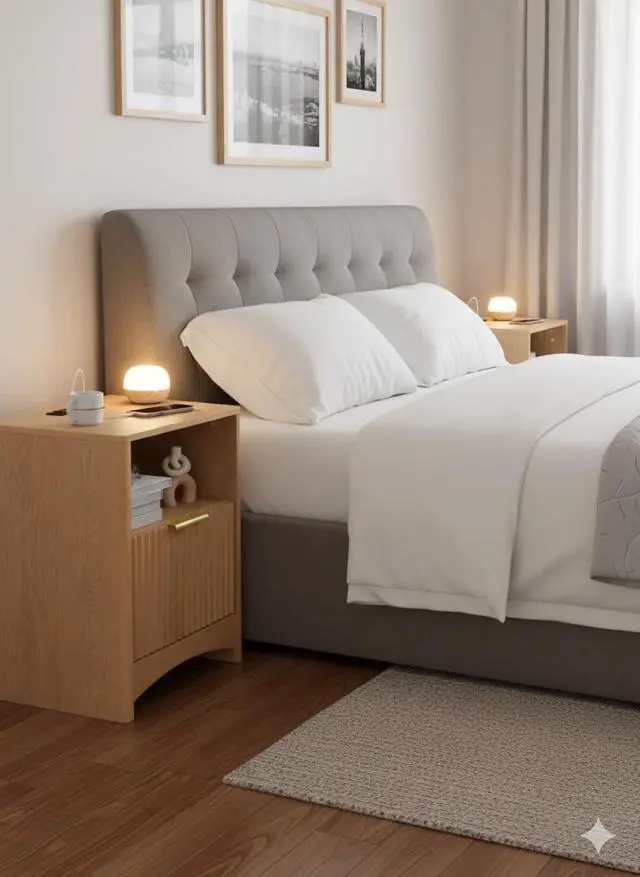 Alt view image 2 of 6 - Pipishell Nightstand with Charging Station, Fluted Bedside Table with Storage & Drawer, Modern End Tables with USB & AC Outlets, Small Wood Night Stand for Bedroom, Light Oak