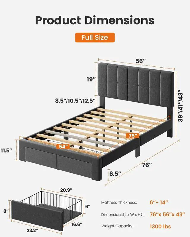 Alt view image 6 of 7 - Pipishell Full Bed Frame with 2 Storage Drawers, 12 Sturdy Legs, Solid Wooden Bed Base with Upholstered Headboard for 6 to 14 Mattresses, 1300 lbs High Weight Capacity, Easy Assembly, Dark Gray
