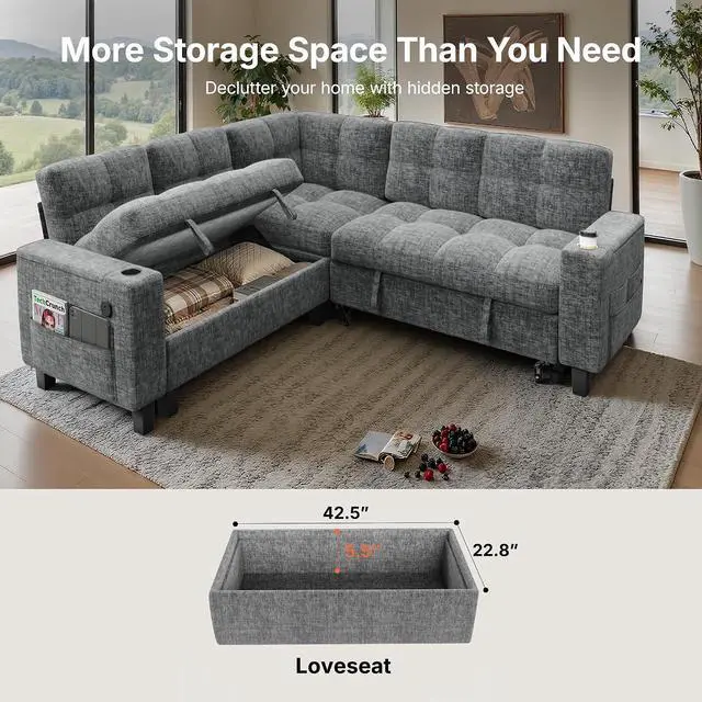 Alt view image 3 of 7 - AMADA HOMEFURNISHING 85 Modular Sectional Sleeper Sofa with Pull Out Couch, U Shaped 5 Seat Sectional Sofa with Storage, USB Ports & Cup Holders, Chenille Cloud Couches for Living Room, Light Gray