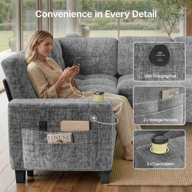 Alt view image 4 of 7 - AMADA HOMEFURNISHING 85 Modular Sectional Sleeper Sofa with Pull Out Couch, U Shaped 5 Seat Sectional Sofa with Storage, USB Ports & Cup Holders, Chenille Cloud Couches for Living Room, Light Gray