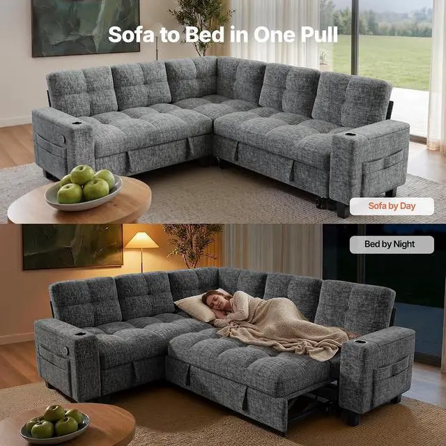 Alt view image 5 of 7 - AMADA HOMEFURNISHING 85 Modular Sectional Sleeper Sofa with Pull Out Couch, U Shaped 5 Seat Sectional Sofa with Storage, USB Ports & Cup Holders, Chenille Cloud Couches for Living Room, Light Gray