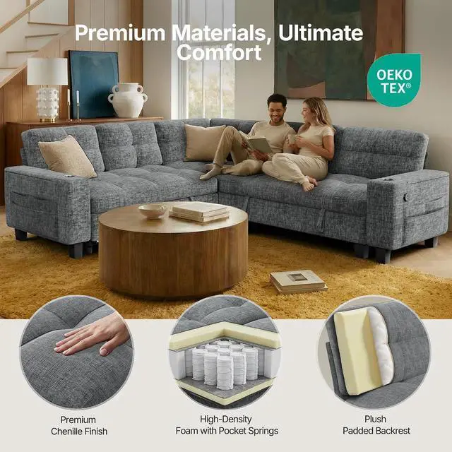 Alt view image 6 of 7 - AMADA HOMEFURNISHING 85 Modular Sectional Sleeper Sofa with Pull Out Couch, U Shaped 5 Seat Sectional Sofa with Storage, USB Ports & Cup Holders, Chenille Cloud Couches for Living Room, Light Gray
