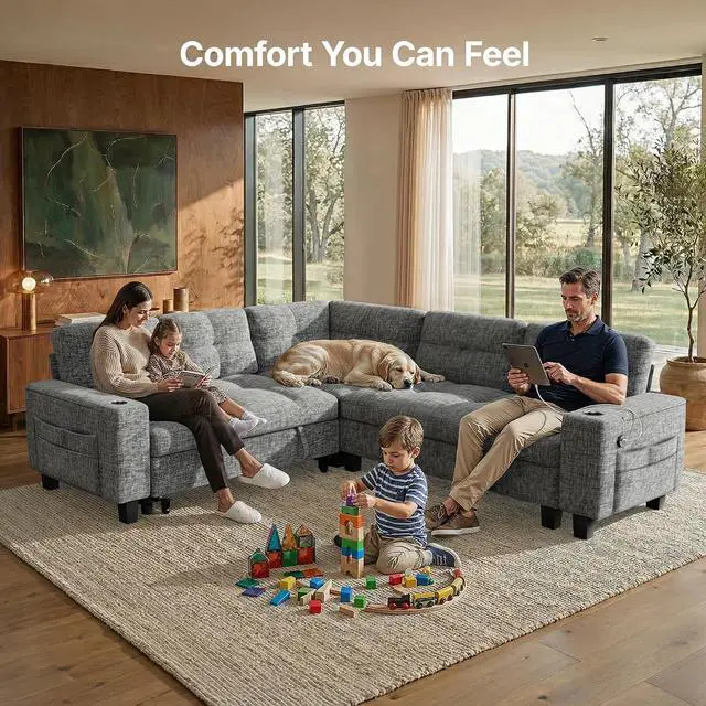 Alt view image 7 of 7 - AMADA HOMEFURNISHING 85 Modular Sectional Sleeper Sofa with Pull Out Couch, U Shaped 5 Seat Sectional Sofa with Storage, USB Ports & Cup Holders, Chenille Cloud Couches for Living Room, Light Gray