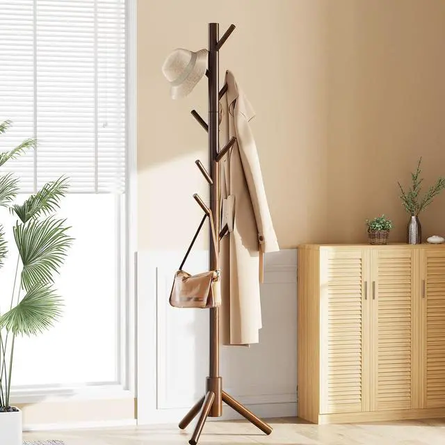 Alt view image 7 of 7 - Pipishell Sturdy Wooden Coat Tree with 8 Hooks 3 Tier Mesh Utility Cart, Multifunctional Storage Shelves for Living Room, Bedroom, Office
