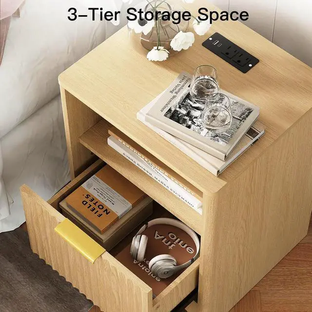 Alt view image 5 of 6 - Pipishell Nightstand with Charging Station, Fluted Bedside Table with Storage & Drawer, Modern End Tables with USB & AC Outlets, Small Wood Night Stand for Bedroom, Light Oak