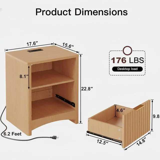 Alt view image 3 of 6 - Pipishell Nightstand with Charging Station, Fluted Bedside Table with Storage & Drawer, Modern End Tables with USB & AC Outlets, Small Wood Night Stand for Bedroom, Light Oak